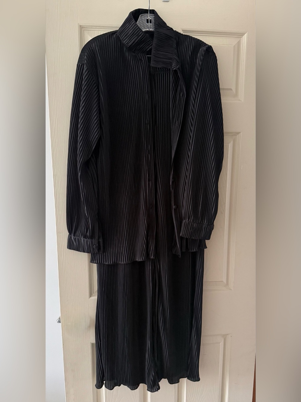 Black Pleated Button-Front Top and Matching Pants Set
